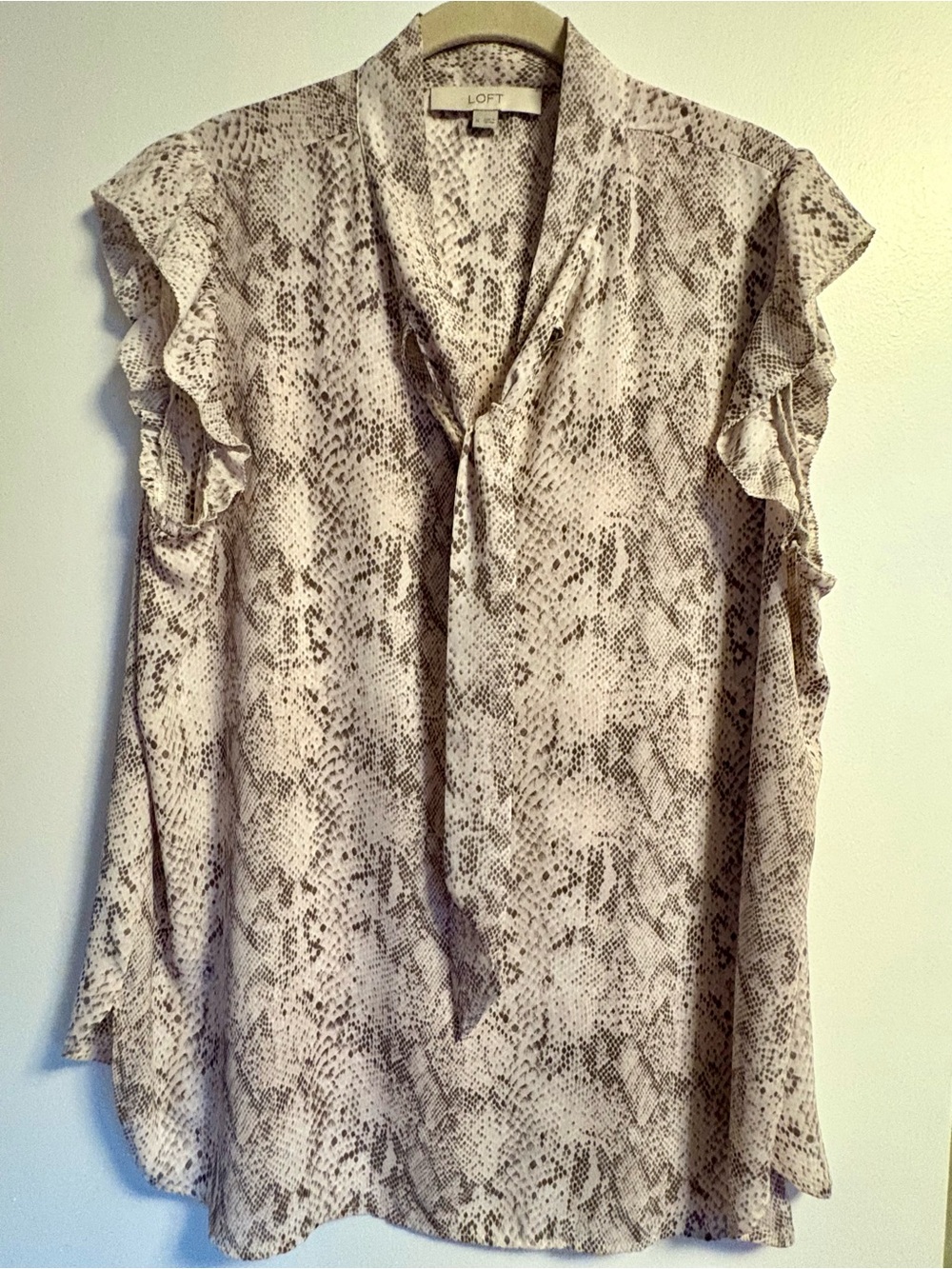 LOFT Beige Snake Print Tie-Neck Ruffle Sleeve Blouse